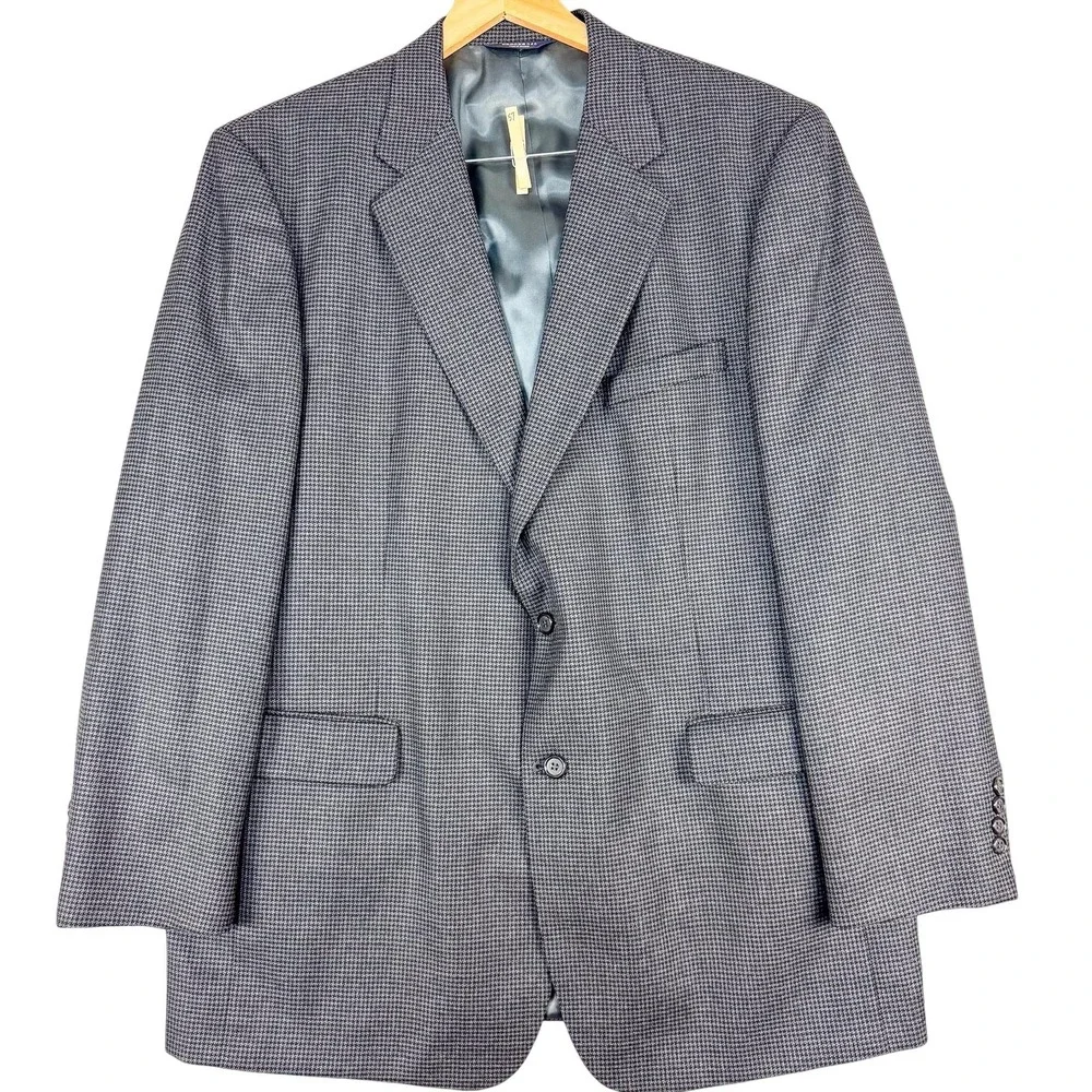 Vintage Brooks 346 Blazer Mens 46 Long Gray Wool Houndstooth Sport Coat 90s‎